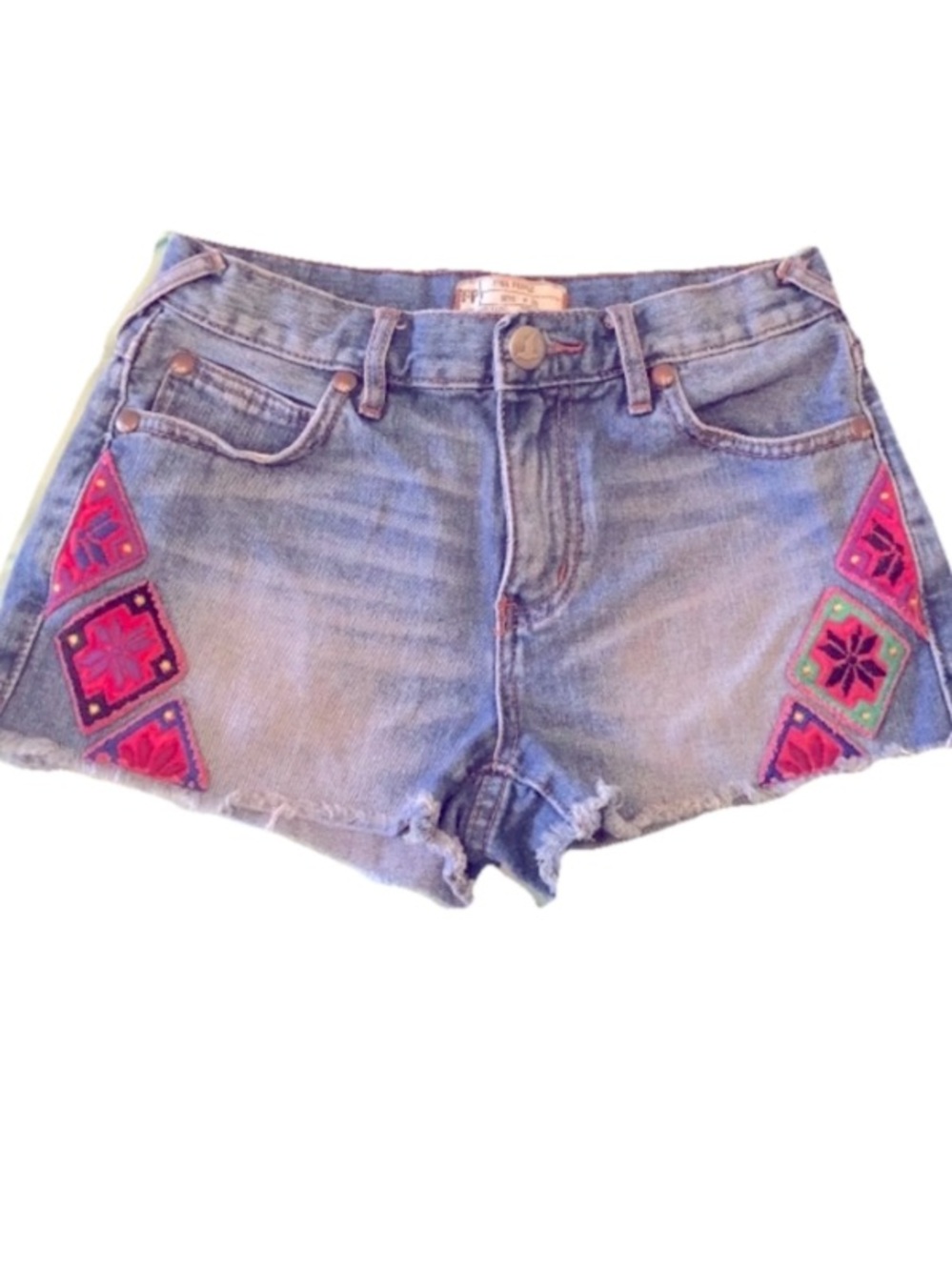 Y2K Free People Denim Embroidered Cut Off Short Shorts 25